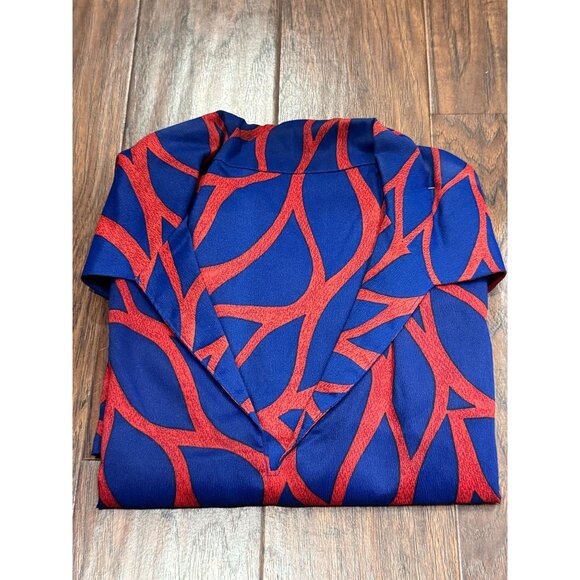 VTG 70s Red & Blue Abstract MCM Print Long Sleeve Blouse Pocket & Lapel Collar - Picture 2 of 10